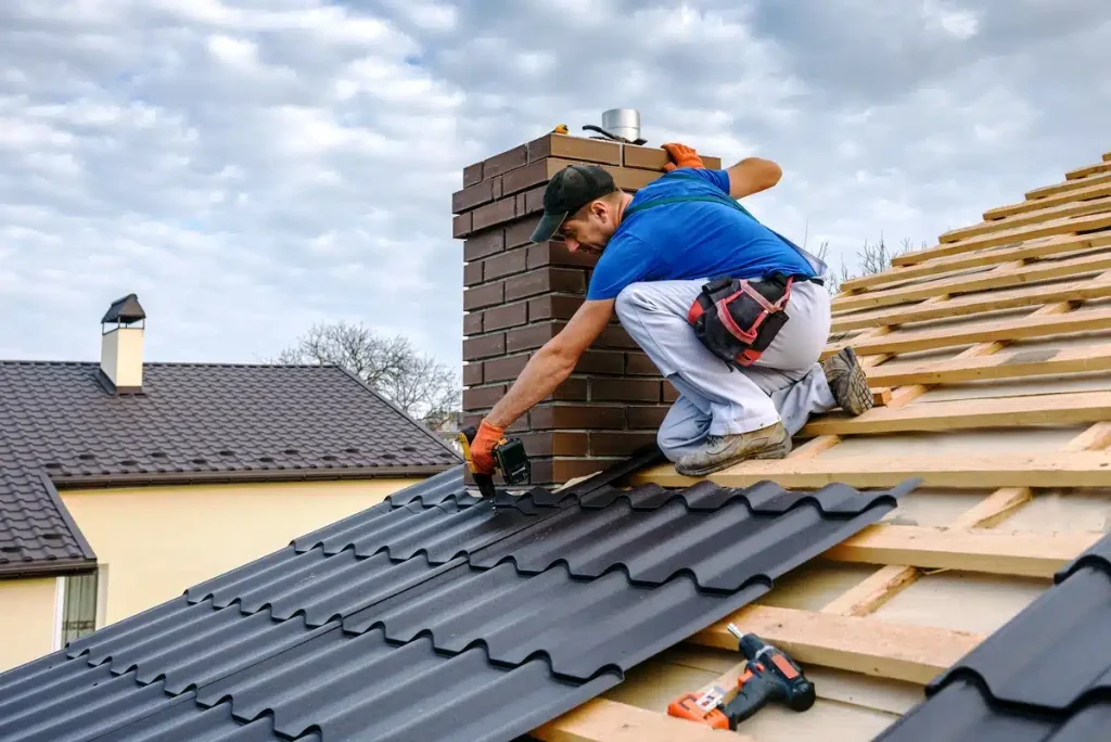 worker installing metal panels to roof