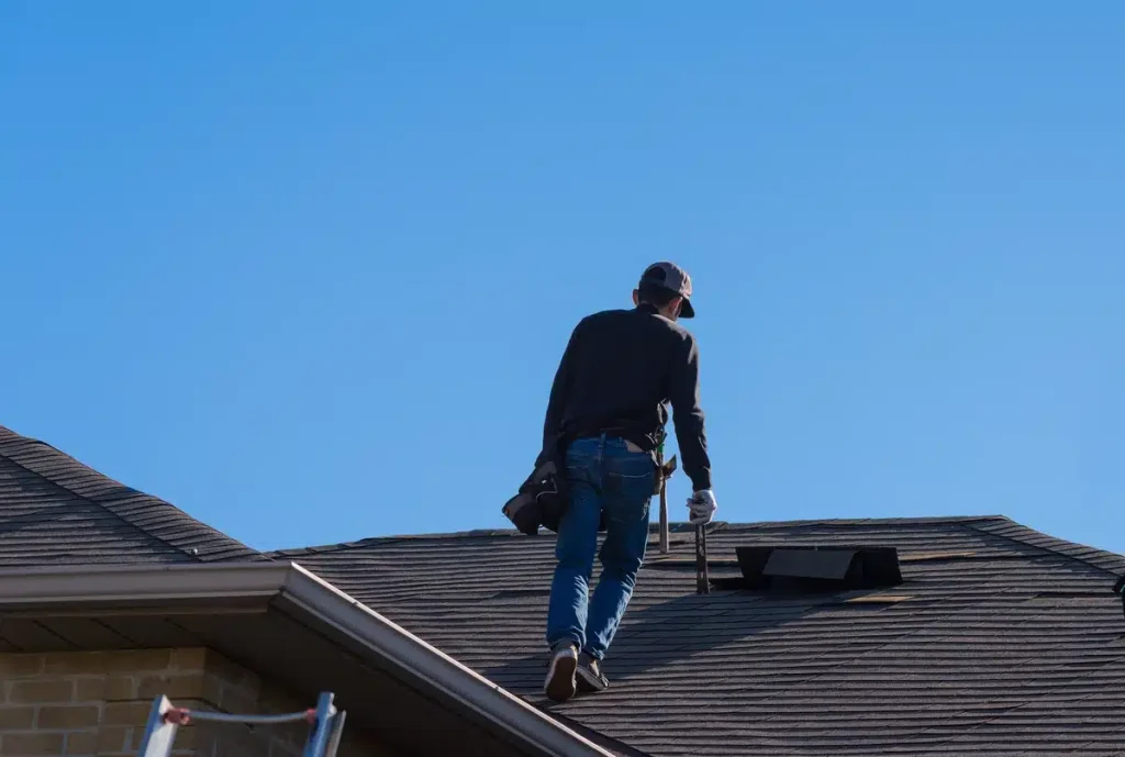 contractor inspects old rooftop after age requires repair