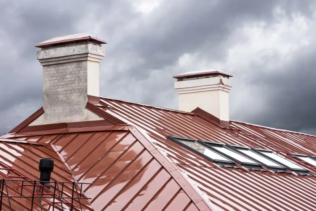 windows on copper roof with chimneys