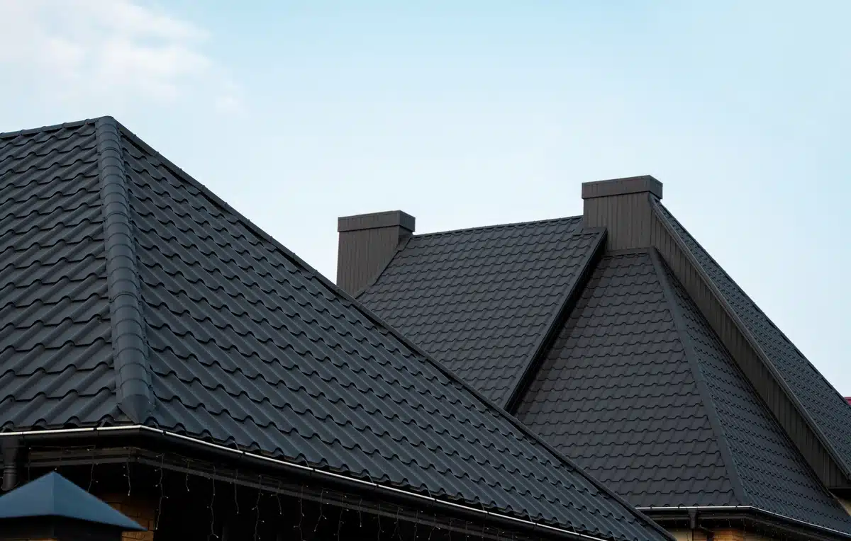 house new roof with metal tiles against sky