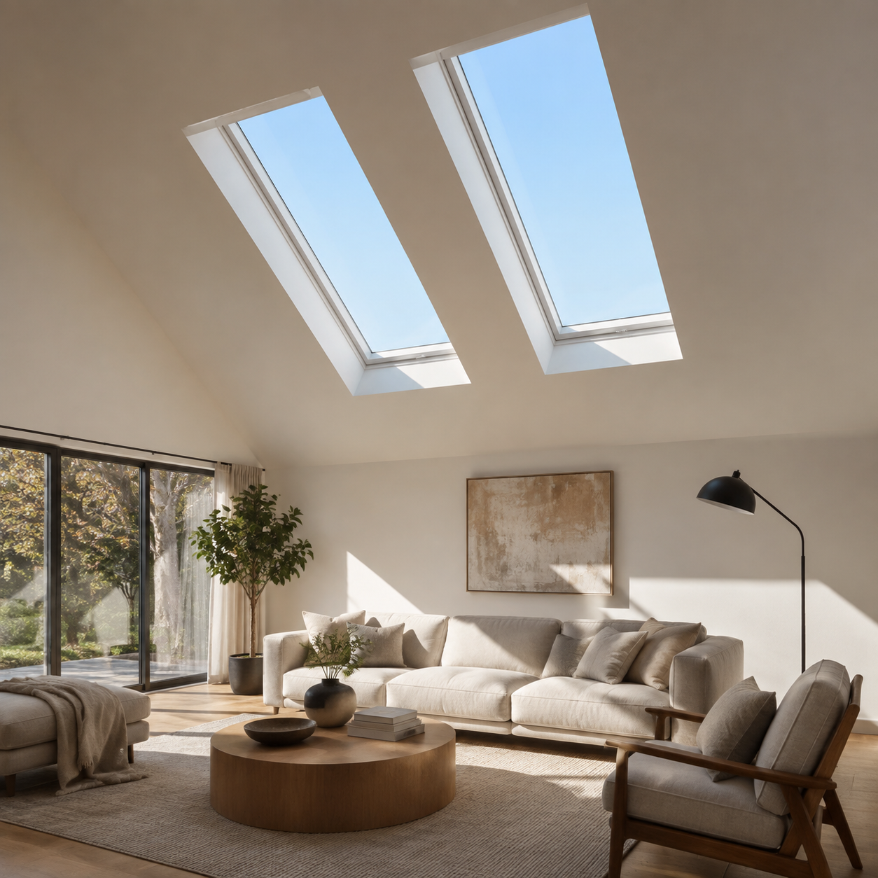 Fixed skylights above a bright contemporary living room