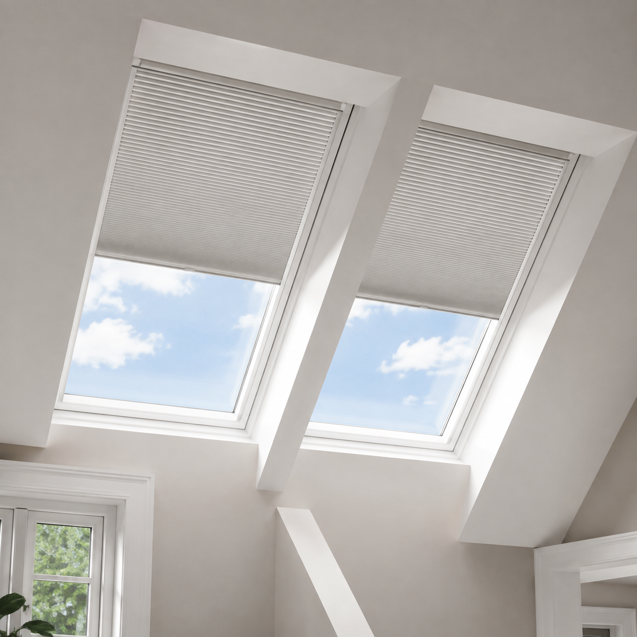 Skylights with partially lowered pleated shades