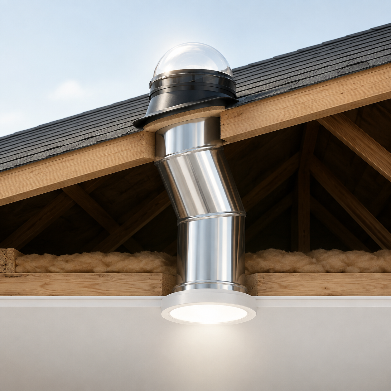 Tubular daylighting concept showing collector, reflective tube, and ceiling diffuser