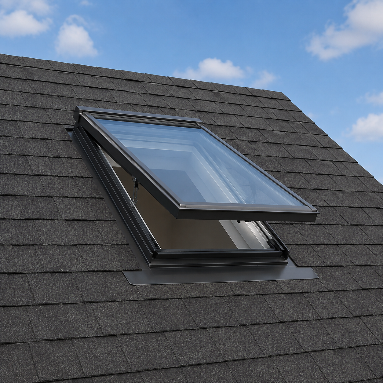 Open venting skylight on a shingle roof