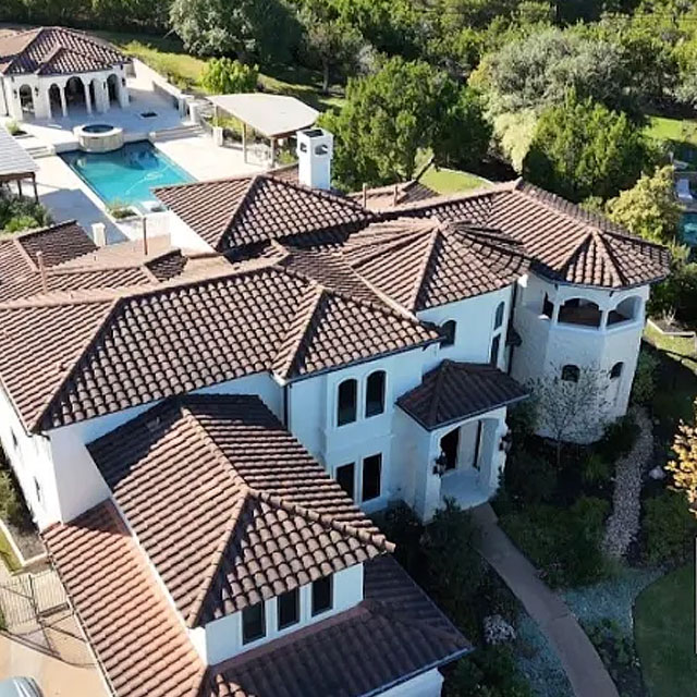 Aerial view of a tile roofing project
