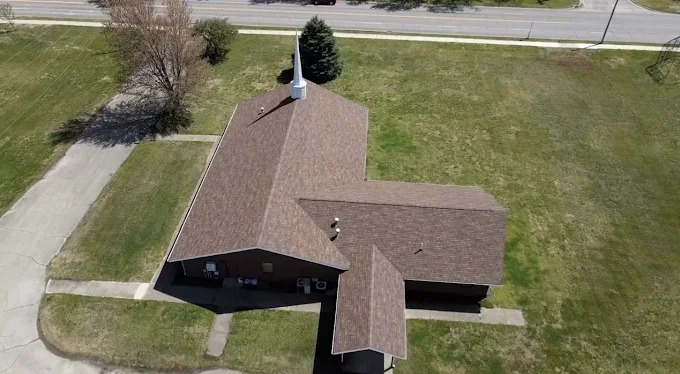 Aerial view of a church shingle roof
