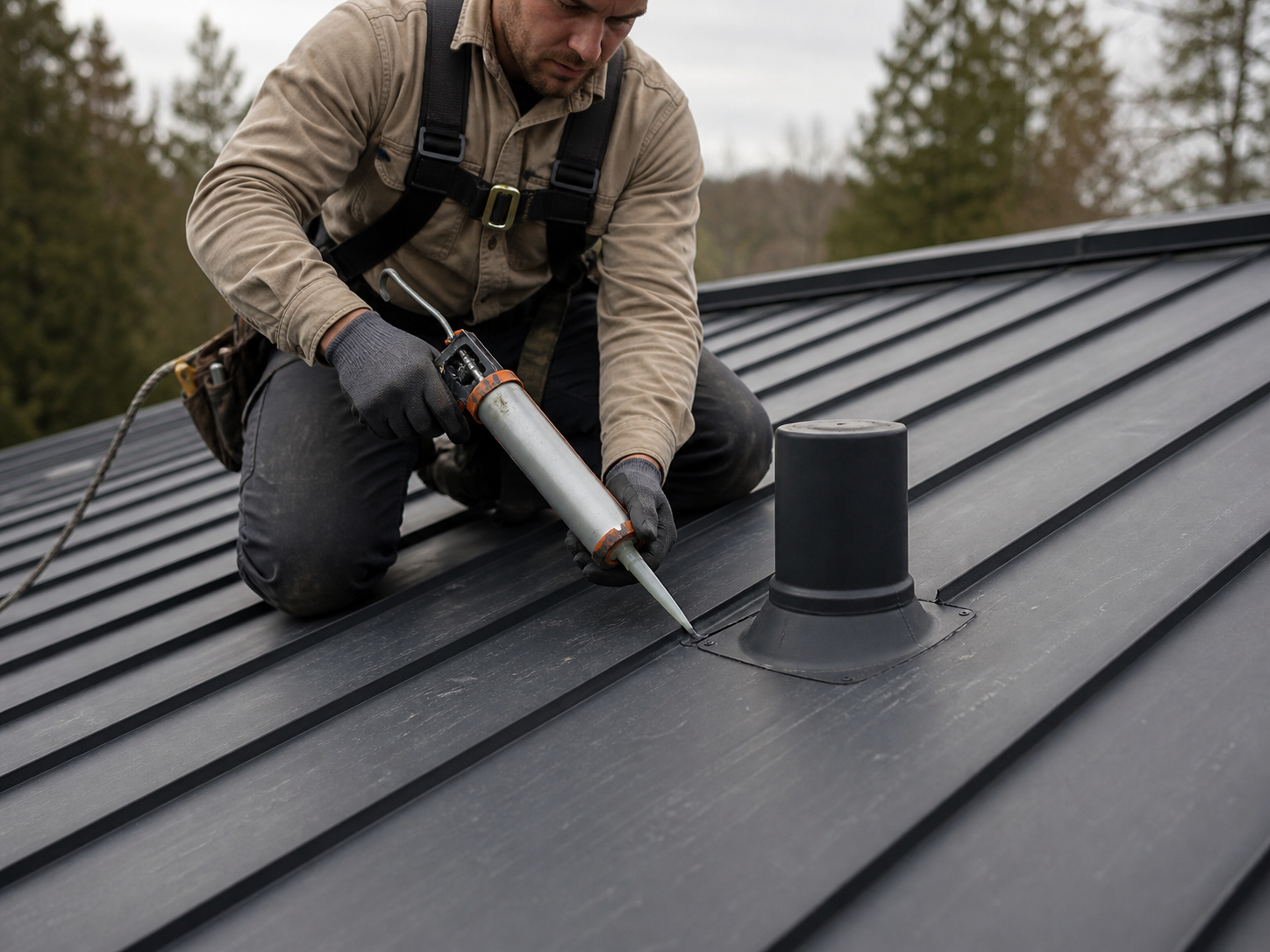 Roofer resealing vent flashing on a charcoal standing seam metal roof