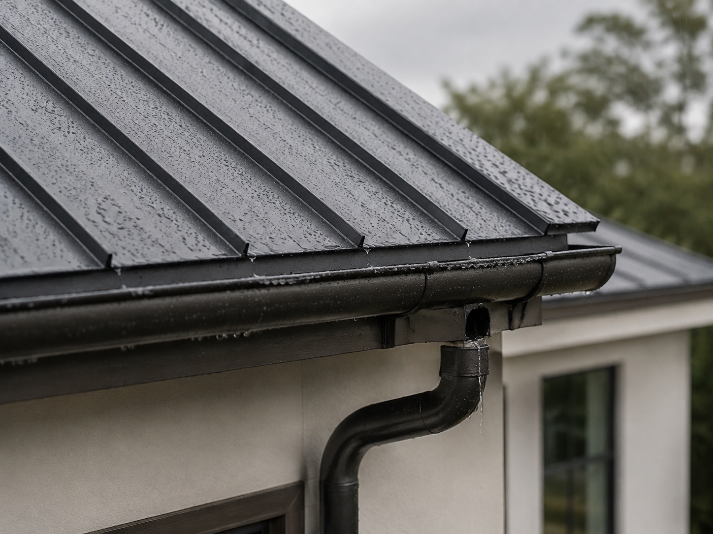Rain draining from a sloped metal roof into a gutter