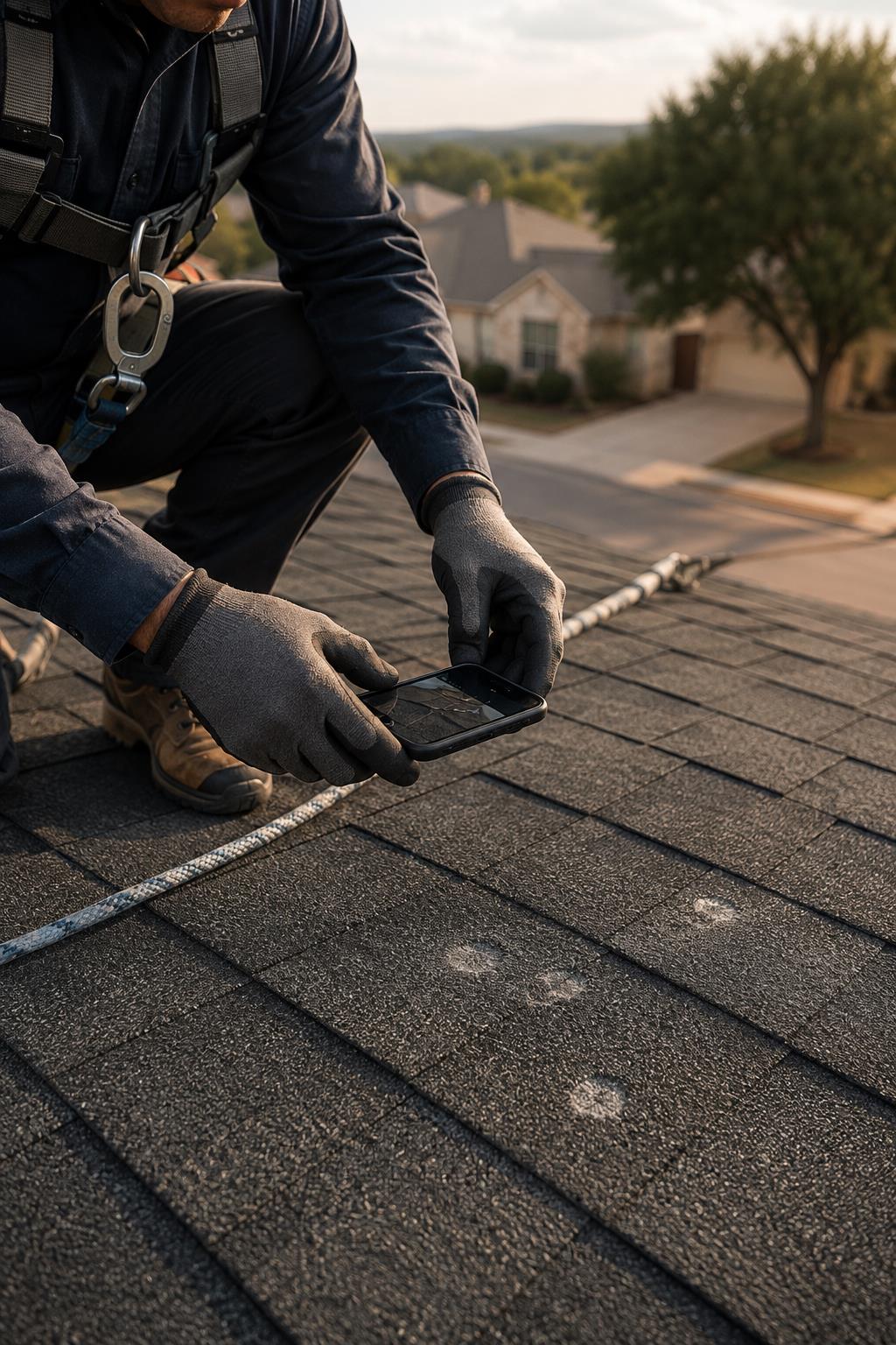 AI-generated illustration of a roofing inspector photographing shingle damage