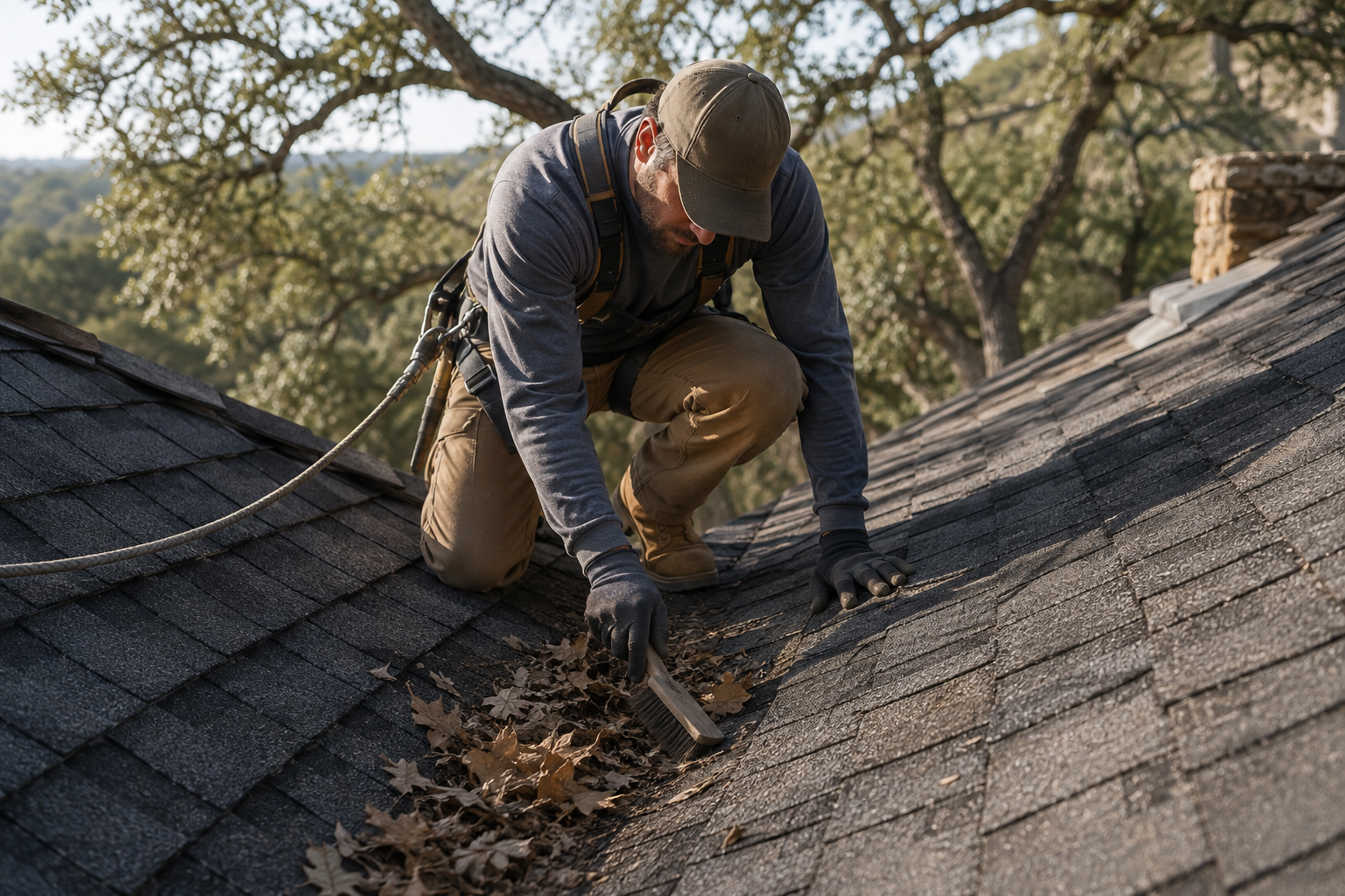 AI-generated illustration of a roofing technician clearing leaves from a shingle roof valley
