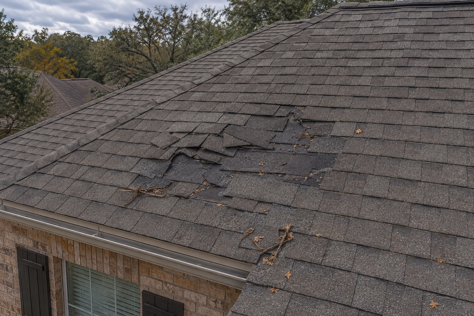 AI illustration of storm-damaged shingles with exposed underlayment and scattered branches