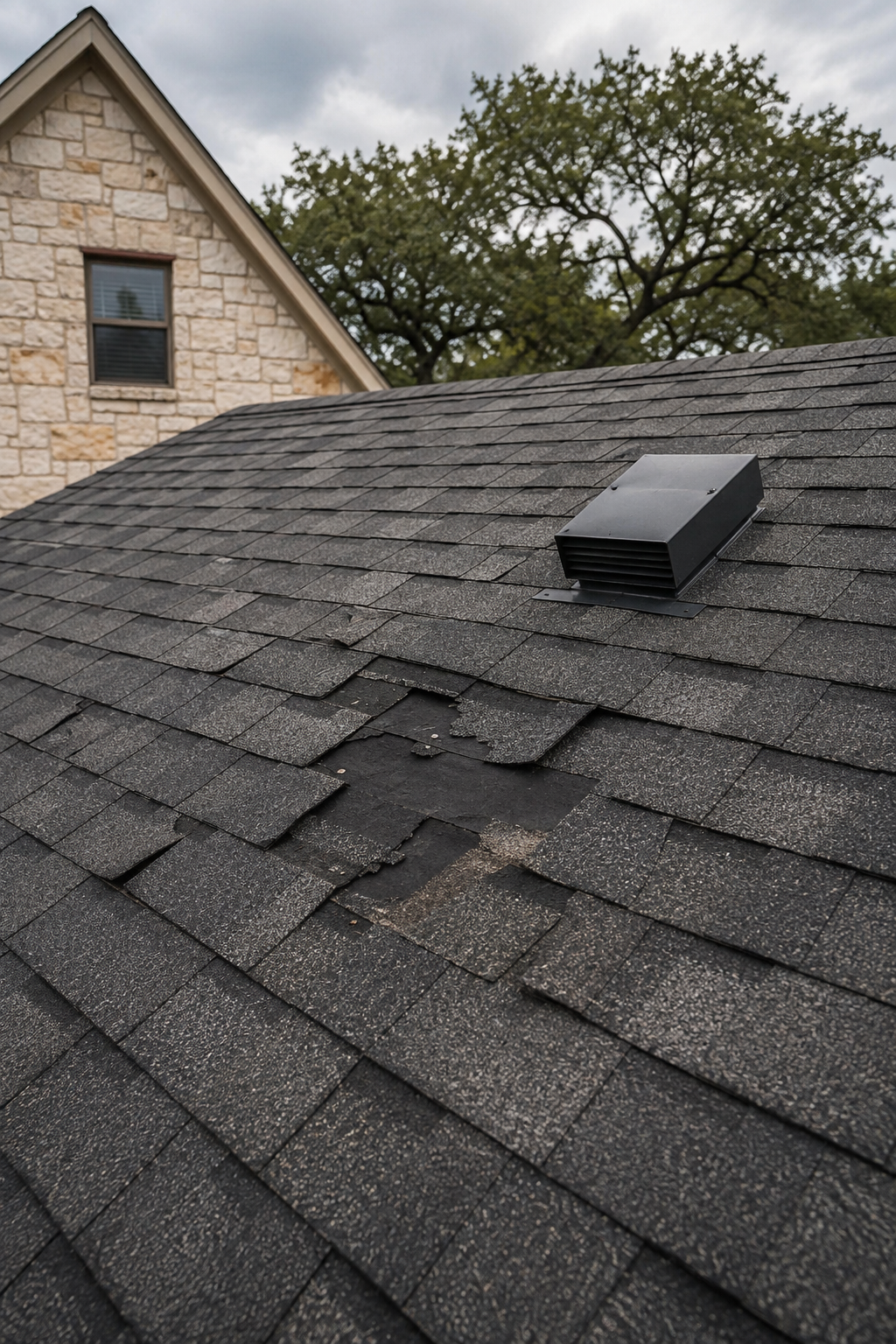 AI illustration of missing and wind-damaged asphalt shingles after a storm