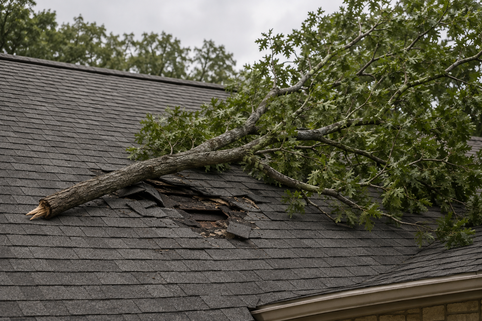 AI illustration of roof damage beneath a fallen oak branch