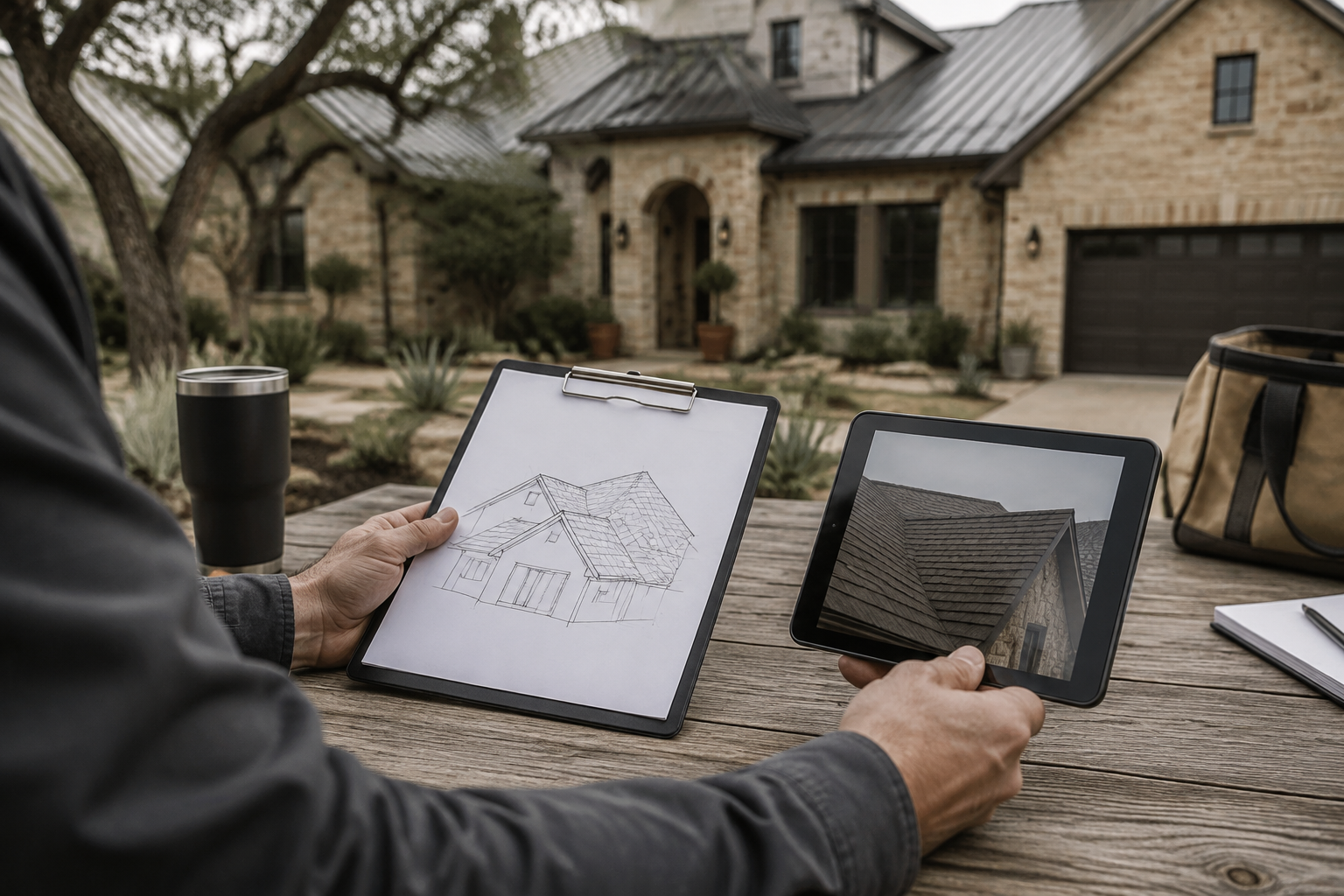 AI illustration of roof inspection notes and a roof photo