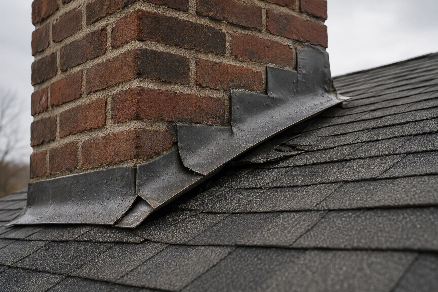 AI illustration of lifted chimney flashing on a shingle roof