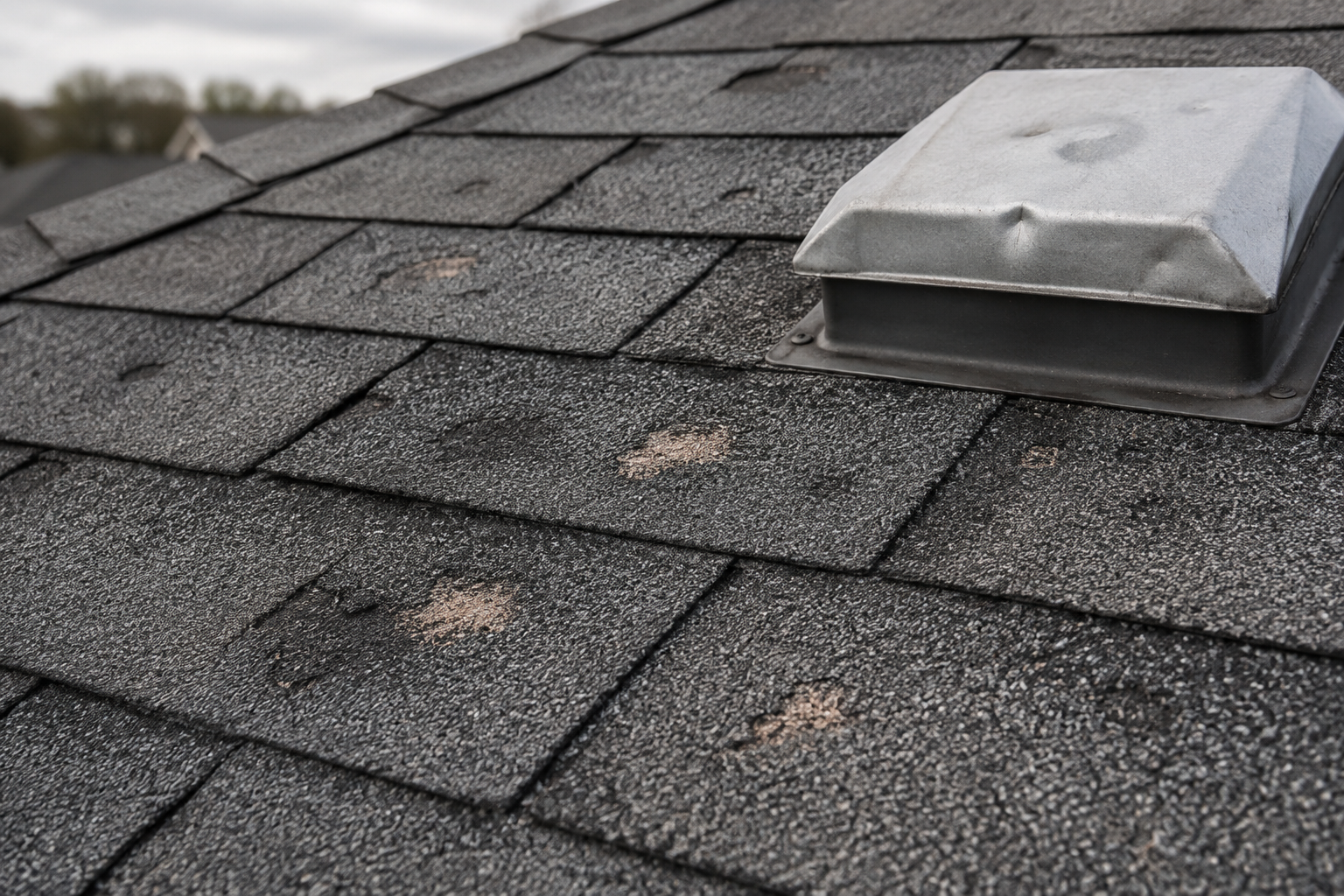 AI illustration of hail-damaged shingles and a dented roof vent