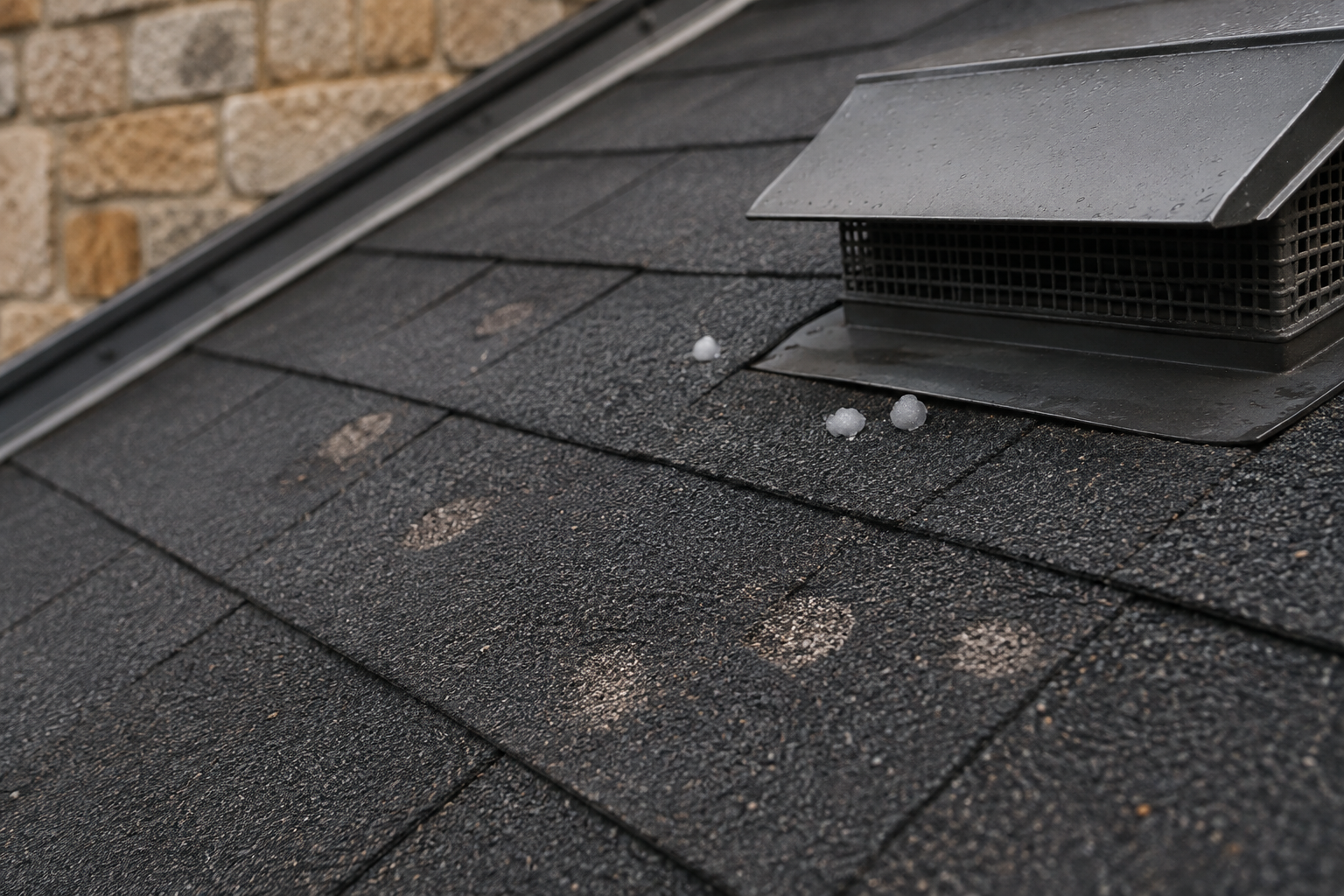AI illustration of hail marks on asphalt shingles near a roof vent