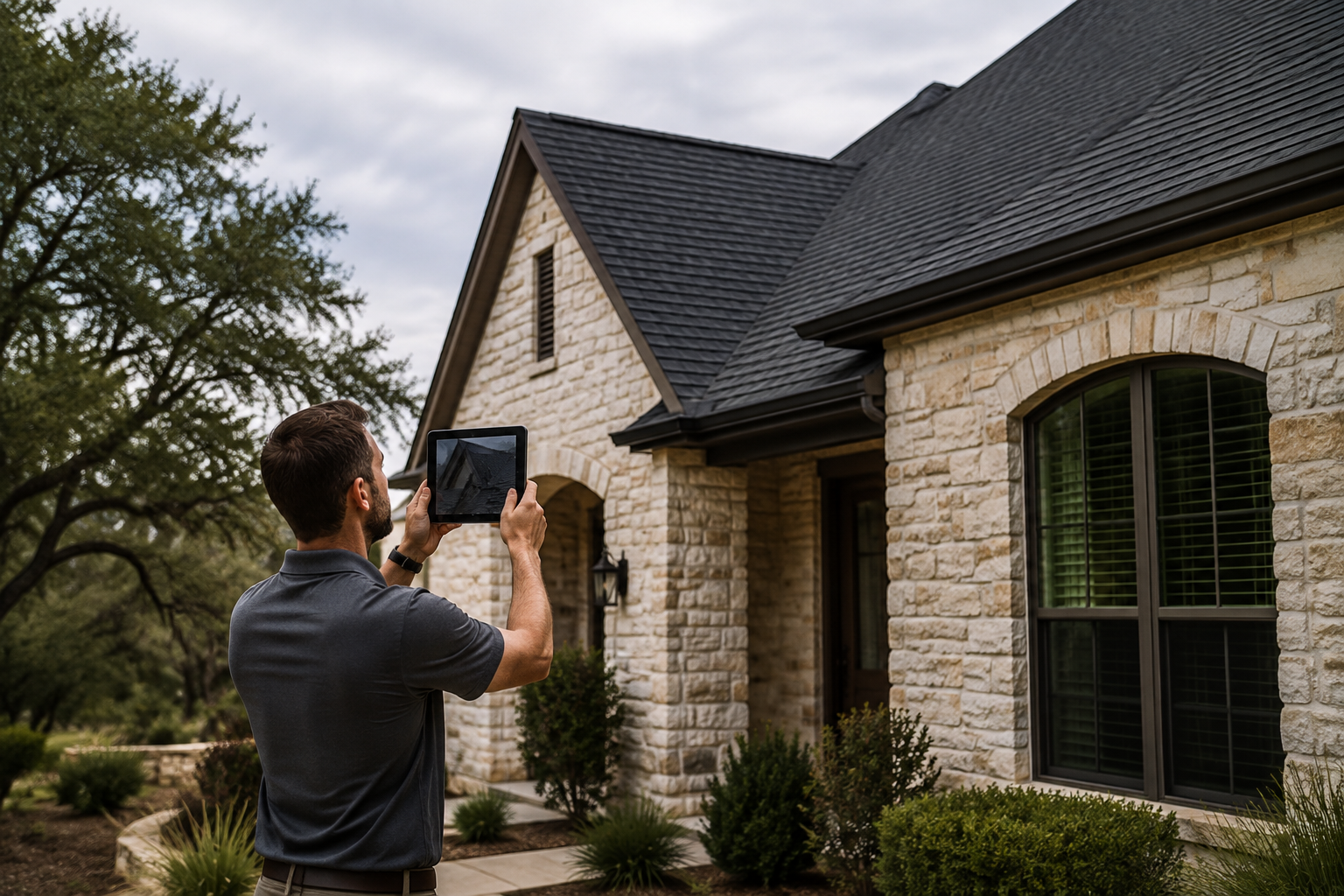 AI illustration of an inspector photographing a roof from the ground