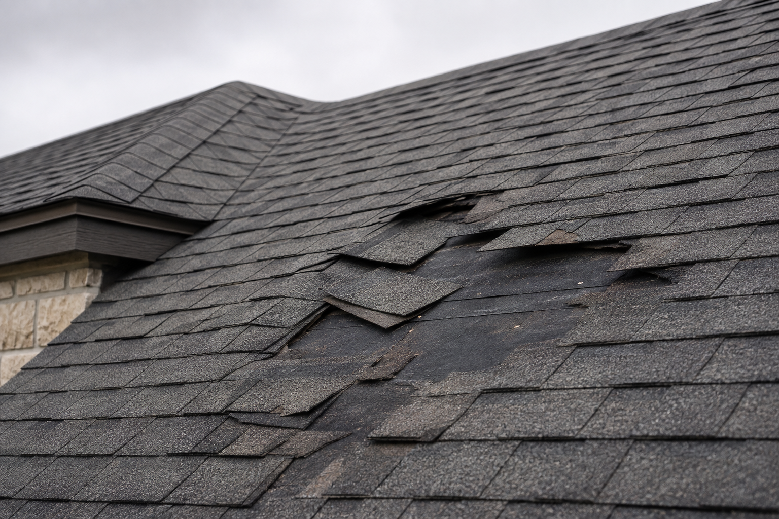 AI illustration of wind-lifted and missing asphalt shingles