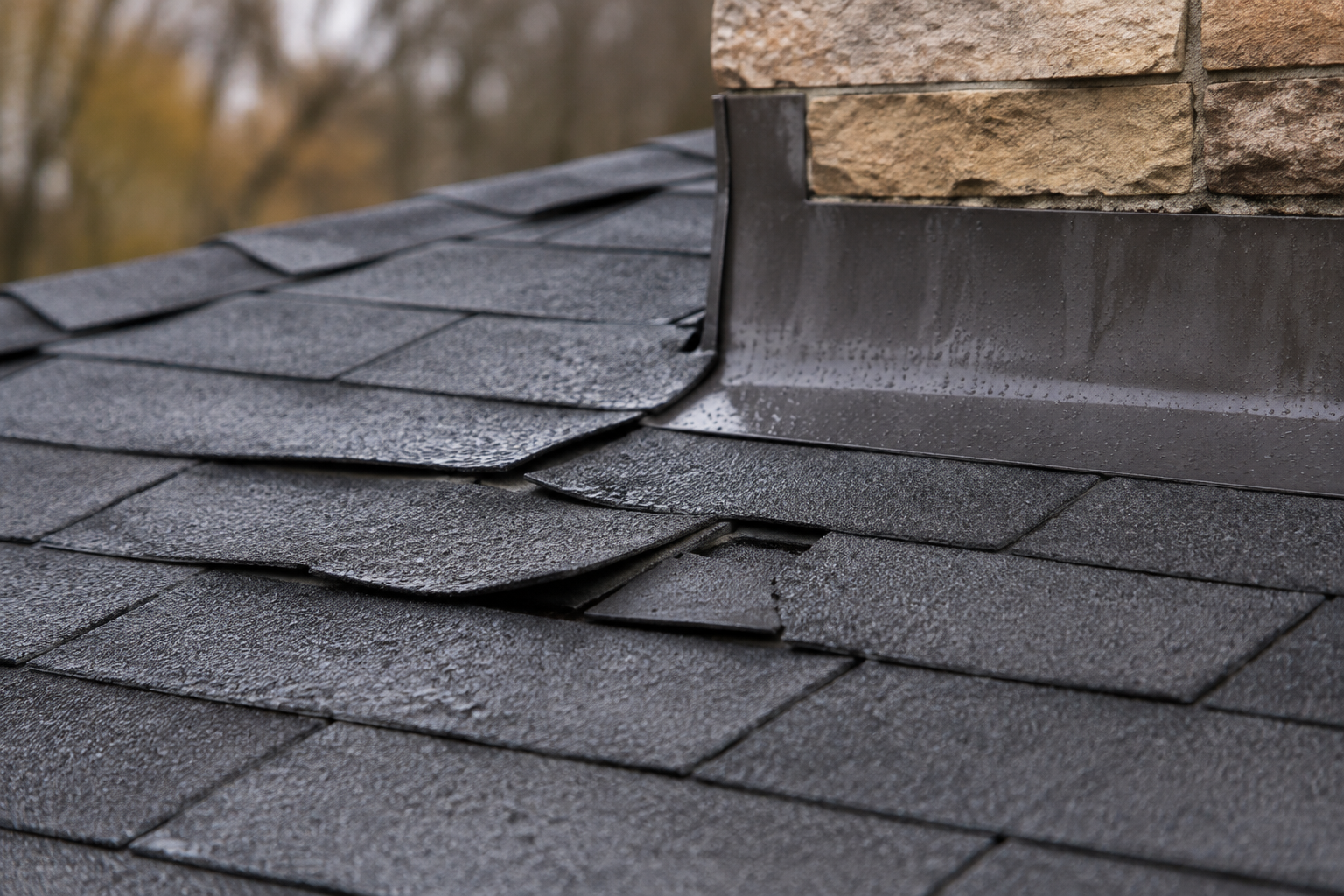AI illustration of lifted shingles beside roof flashing