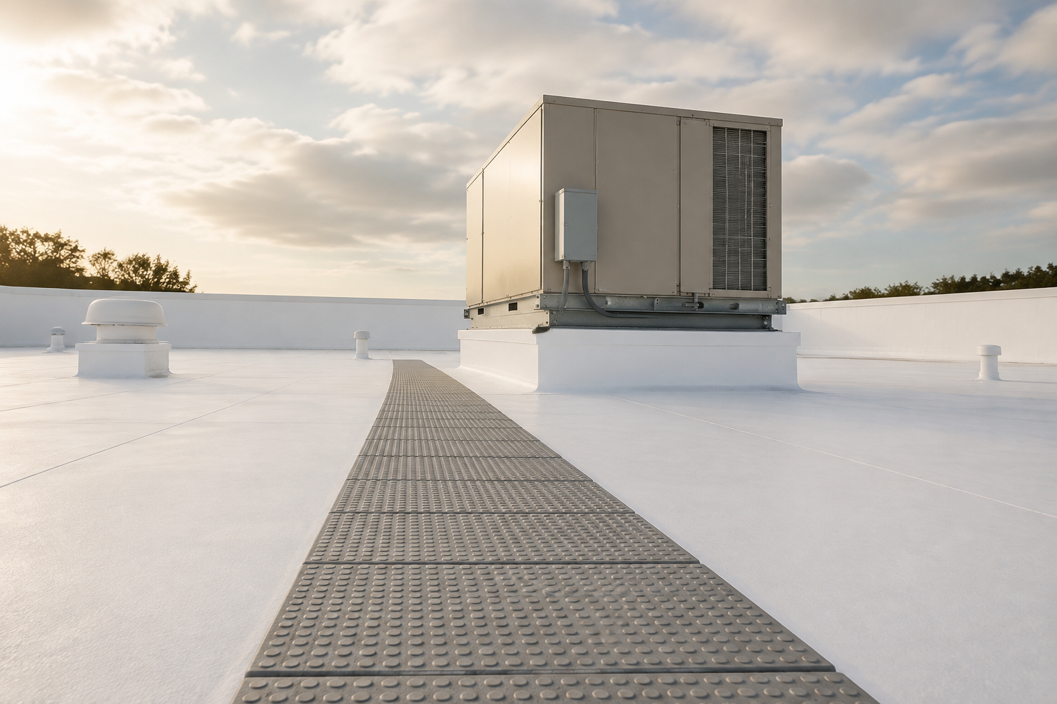 Illustration of a protective walkway leading to rooftop equipment