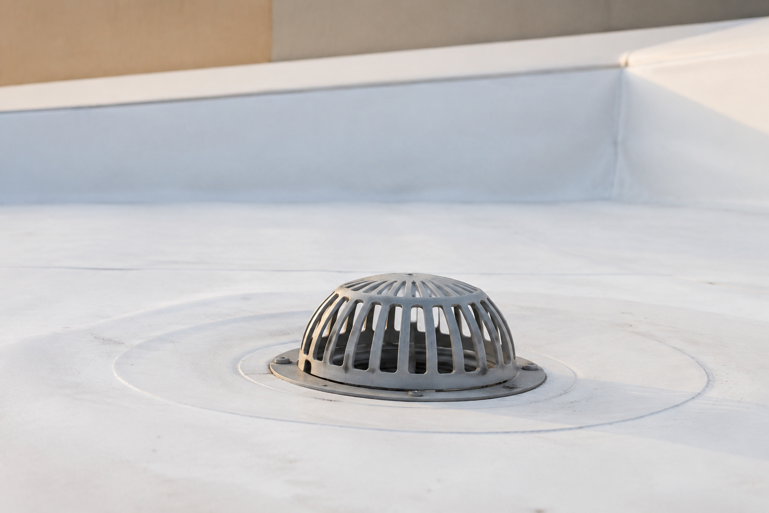 Illustration of a roof drain and white membrane flashing