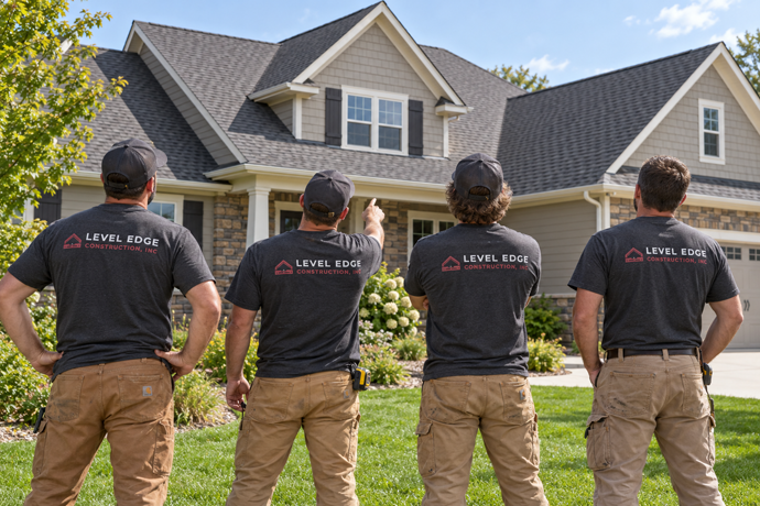 Four Level Edge Construction team members looking at a home's shingle roof.